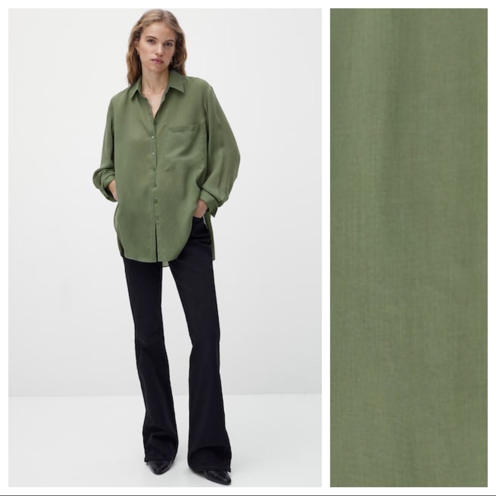 Massimo Dutti Olive Green Relaxed Button-Up Blouse